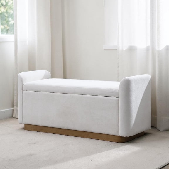 GZXS 49" Chenille Upholstered Storage Bench with Metal Base, Spacious Hidden Storage & Safety Hinges, Entryway or Bedroom Seating, Beige