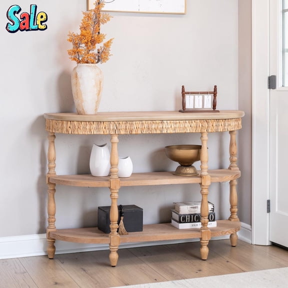 GZXS 49" Console Table in Natural Wood Finish, 3-Tier Handcrafted Sofa Table behind Couch with Carved Spindle Legs & Corn Husk Woven Trim, for Entryway, Foyer, Living Room