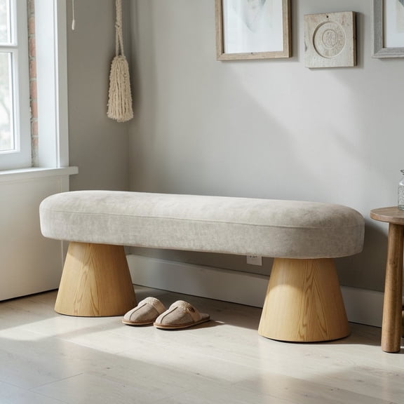 GZXS 49" Oatmeal Chenille Upholstered Dining Bench with Pine Legs - No Assembly Required, 300 lbs Capacity, for Entryway/Bedroom/Kitchen