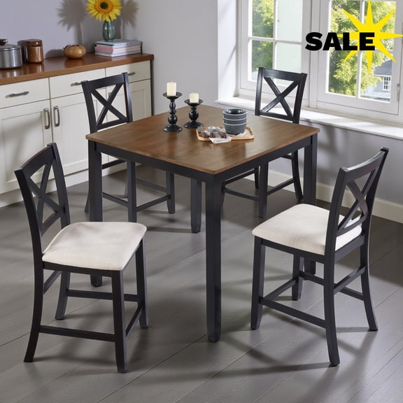 GZXS 5-Piece Counter Height Bar Table with Space-Saving Design, Square Kitchen Table and Upholstered Chairs Set with Footrest, Solid Wood Legs, Farmhouse Dinette Set for 4, Black+Oak (Cross Back)