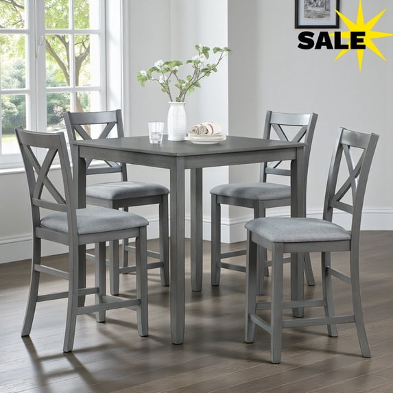 GZXS 5-Piece Counter Height Dinette Set, Square Kitchen Table + 4 Padded Chairs, Farmhouse Bar Dining Set for Small Space, Dining Room (Gray)