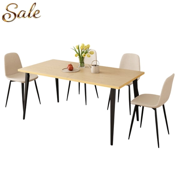 GZXS 5-Piece Dinette Set, 62.99" Rectangular MDF Table with Iron Legs, 4 Upholstered Chairs, Industrial Style for Kitchen or Dining Room (Natural+Beige)
