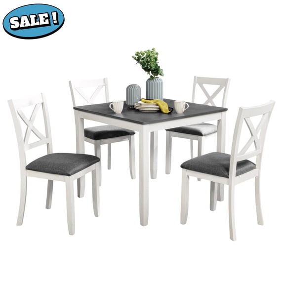 GZXS 5-Piece Dining Table Set for 4, Solid Wood Frame Square Table with MDF Birch Veneer Top, 4 Upholstered Chairs with X-Back and Linen Padded Seat, Space-Saving Design, White & Gray