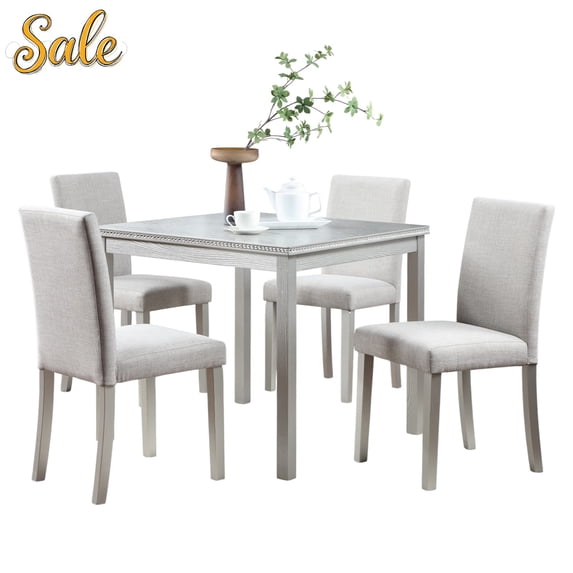 GZXS 5-Piece Dining Table Set with Crystal Diamond Accent Trim, 34.5" Square Wooden Table and 4 Upholstered Linen Chairs, Modern Dinette Set for Dining/Living Room/Small Apartment, Silver Gray