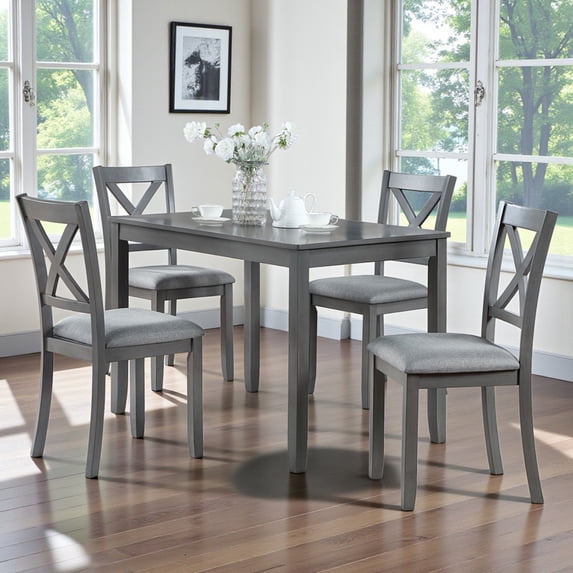 GZXS 5-Piece Dining Table Set, Solid Wood Rectangular Table with 4 Upholstered Chairs & X-Shaped Backrest, Gray, Easy Assembly for Small Space