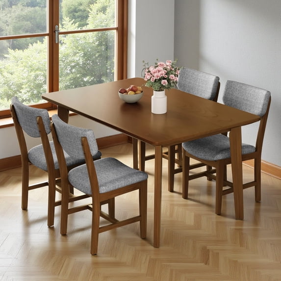 GZXS 5-Piece Rectangular Dining Table Set, 47.24" Kitchen Table with Solid Wood Legs, 4 Upholstered Linen Chairs with Padded Seat, Ideal for Small Spaces & Apartments (Walnut)