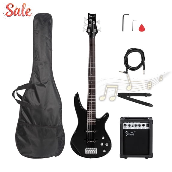 GZXS 5 String Electric Bass Guitar with 20W Amplifier, Full Size Bass Kit with Gig Bag, Strap, Spanner Tool and Connecting Wire, Black