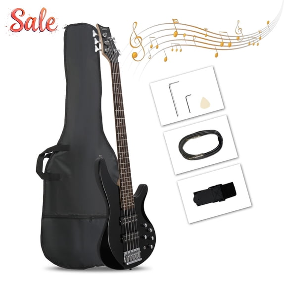 GZXS 5 String Electric Bass Guitar with Bag, Beginner Bass Kit with Strap, Plectrum, Amp Wire and Wrench Tool, Black