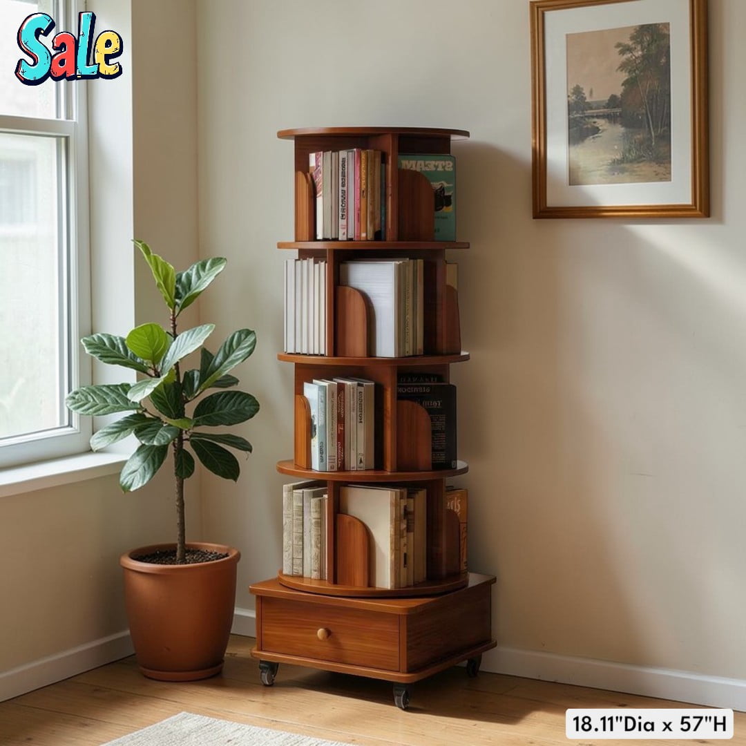 GZXS 5-Tier Corner Revolving Bookshelf with Locking Wheels and Bottom ...