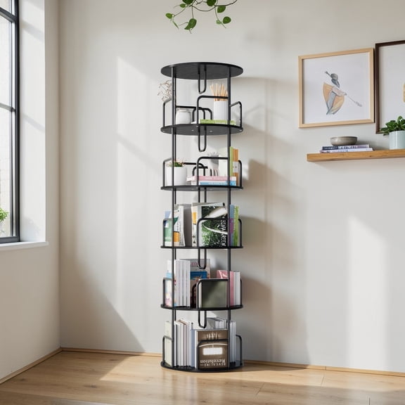 GZXS 5-Tier Rotating Bookshelf – 360° Revolving Bookcase with Space-Saving Design, Sturdy MDF Shelves & Iron Frame, Multi-Layer Display Rack (Black)