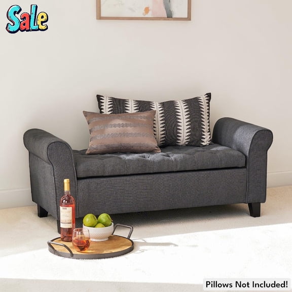 GZXS 50" Flip-Top Upholstered Storage Bench with Button-Tufted Seat, Rolled Arms, and Solid Birch Wood Legs, for Small Space, Living Room, Bedroom Nook (Dark Gray)