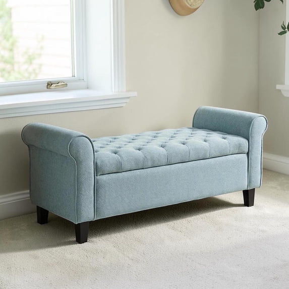 GZXS 50" Linen Tufted Upholstered Storage Bench with Lift-Top Compartment & Rolled Arms, Multi-Functional Home Seating and Storage Organizer (Light Blue)