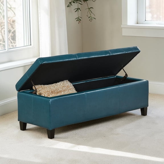 GZXS 51.25" Rectangular PU Leather Storage Bench with Flip-Top Lid & Solid Wood Legs, Upholstered Ottoman for Extra Seating and Hidden Storage, Teal