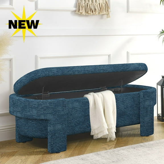 GZXS 51.5" Upholstered Storage Ottoman, Oval Padded Seat Bench, Linen Fabric Bedroom Seating Bench for End of Bed, Entryway, Living Room, Dark Blue