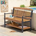 thumbnail image 1 of GZXS 51-Inch Acacia Wood Bench with Storage Shelf, Rustic Farmhouse Accent Seating with Hand-Carved Details, Teak with Black Arms, Easy Assembly, 1 of 10