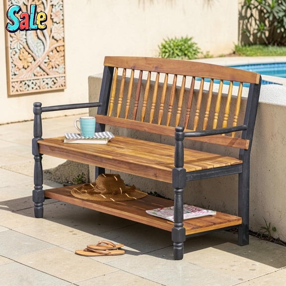 GZXS 51-Inch Acacia Wood Bench with Storage Shelf, Rustic Farmhouse Accent Seating with Hand-Carved Details, Teak with Black Arms, Easy Assembly