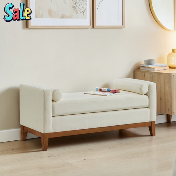GZXS 51 Inch Upholstered End of Bed Bench with 2 Pillows, Modern Entryway Ottoman Seat with Solid Wood Frame, Boucle Fabric, Beige