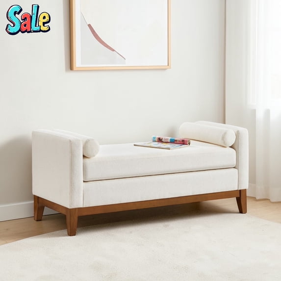 GZXS 51" Upholstered Boucle Bench with 2 Pillows, Modern Bedroom/Entryway Seating with Rubber Wood Frame, Easy Assembly (Ivory)