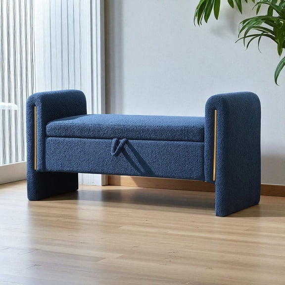GZXS 52.3 Inch Upholstered Storage Bench, Teddy Fabric End of Bed Bench Comfy Ottoman with Arms, for Bedroom & Living Room, Navy Blue