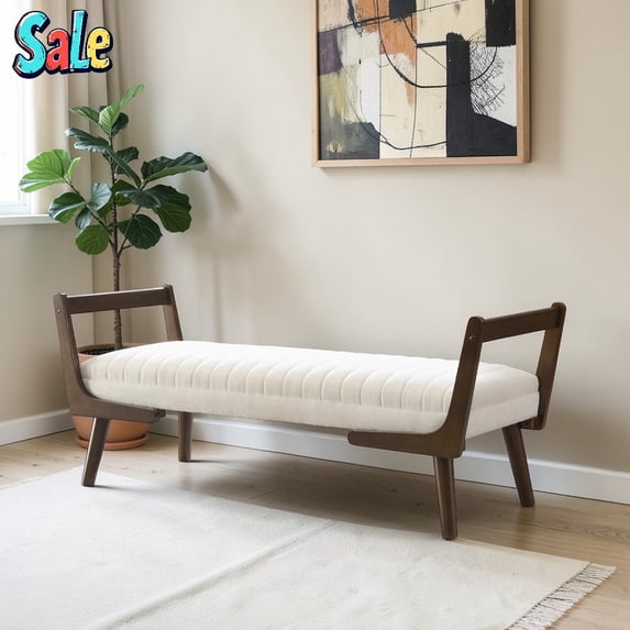 GZXS 52" Upholstered Chenille Bench in Beige, Mid-Century Modern Channel-Tufted Seat with Walnut Rubber Wood Frame, Easy Assembly