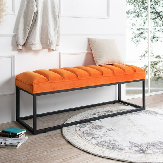 GZXS 53 Inch Ottoman Bench Upholstered Bedroom Bench, Tufted Entryway Bench Ottomans for Living Room Vanity Bench with Metal Base,Rectangular Footrest (Orange Fabric)
