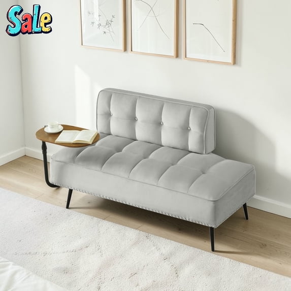 GZXS 54 Inch Upholstered Bench with Backrest, Velvet Padded Sofa Bench with 360° Swivel Table and Metal Legs, for Bedroom, Living Room or Lounge Seating, Gray
