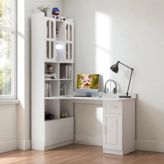 GZXS 55" Home Office Computer Desk with Hutch, Drawers and Bookshelves, L-Shaped Corner Study Table with Storage Cabinets, Modern Peninsula Desk for Bedroom, Living Room, or Workstation – White