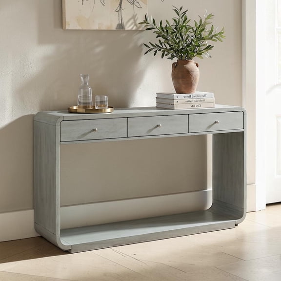 GZXS 55" Retro Entryway Console Table with 3 Drawers and Bottom Shelf, Antique Sofa Table with Curved Legs, for Hallway, Foyer, or Living Room (Sage Green)