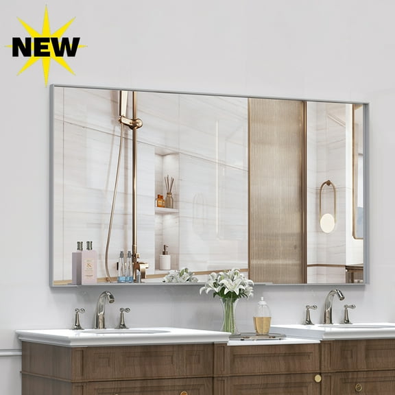 GZXS 55"x 30" Modern Wall Mirror with Silver Aluminum Frame and Removable Tray, Decorative Rectangle Accent Mirror for Bathroom, Bedroom, Living Room, Horizontal or Vertical Hanging