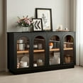 thumbnail image 1 of GZXS 57.7-Inch Large Sideboard w/ 4 Arched Glass Doors, Adjustable Shelf and Solid Wood Frame, Storage Buffet Cabinet with Rebound Device and Cable Management Holes, Black, 1 of 9