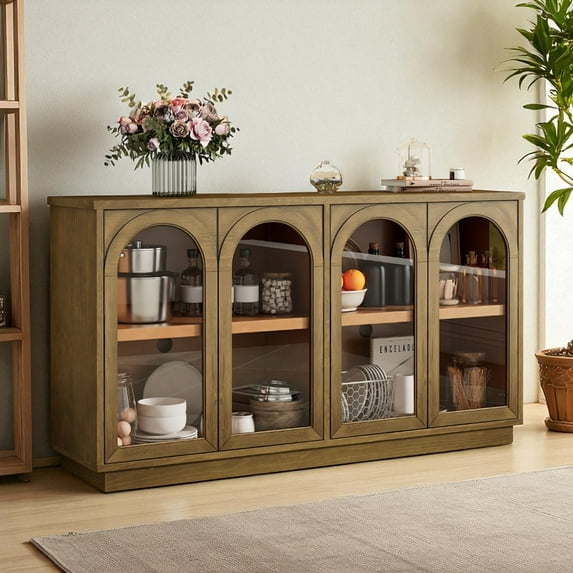 GZXS 57.7" Storage Sideboard Buffet Cabinet with 4 Arched Glass Doors and Adjustable Shelves for Kitchen, Hallway, Dining Room, and Living Room (Old Pine Color)