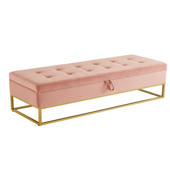 GZXS 58.6" End of Bed Bench, Button Tufting Design Velvet Upholstered Storage Bench with Gold Metal Base, for Bedroom, Window, Entryway, Living Room, Holds up to 500lbs, Pink