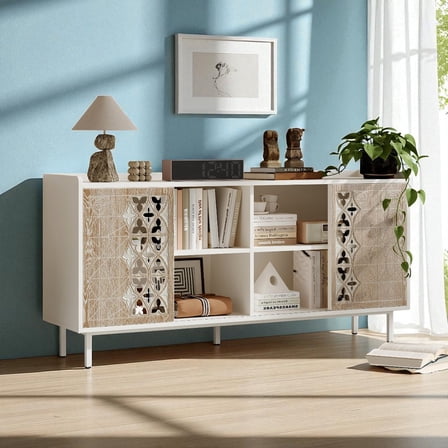 GZXS 58.66"W Storage Cabinet with 2 Carved Sliding Doors and Open Shelves, Accent Decorative Buffet Sideboard for Living Room, Dining Room, Entryway, Distressed Finish, White & Vintage