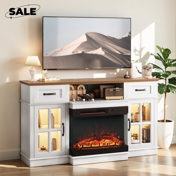 GZXS 58 Inch Electric Fireplace TV Stand for TVs Up to 65 Inch with 24" Fireplace Insert, Media Console Cabinet with Glass Doors, Storage Drawers and Adjustable Shelves, White