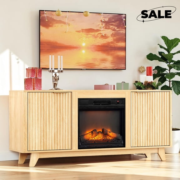 GZXS 58-Inch Fluted TV Cabinet with 18" Electric Fireplace & Remote, Farmhouse Media Console with 2 Doors, Entertainment Center for TVs up to 70 inches, Oak