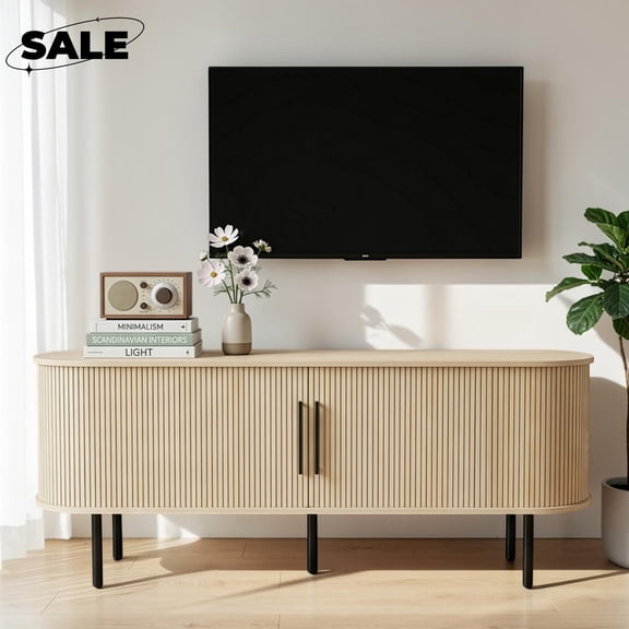 GZXS 58 Inch Fluted TV Stand for TVs Up to 65 Inch, Modern Entertainment Center with Sliding Doors and Storage Shelves, Oval Media Console Cabinet with Metal Legs for Living Room, Oak