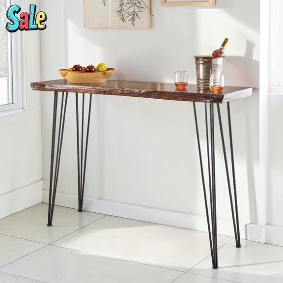 GZXS 58" Industrial Pub Table, Modern Industrial Rectangle Bar Table with Natural MDF Top and Black Hairpin-Style Iron Legs, Faux Live Edge Design, Easy Assembly