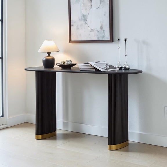 GZXS 59.1-Inch Oval Console Table with Fluted Legs and Gold Base, Modern Accent Sofa Table for Entryway, Hallway or Living Room, Easy Assembly, Black