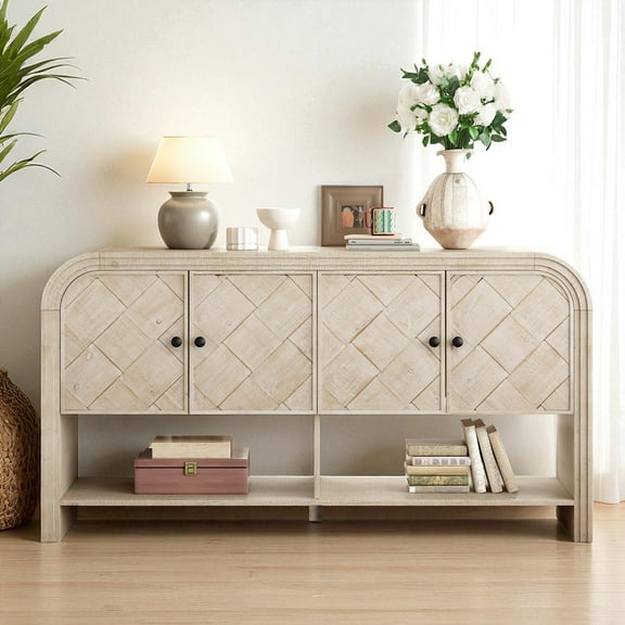 GZXS 59.8" Modern Curved Entryway Console Table with 4 Doors & Shelf, Solid Wood Veneer Couch Table for Hallway, Living Room, Foyer Storage (Beige Brown)