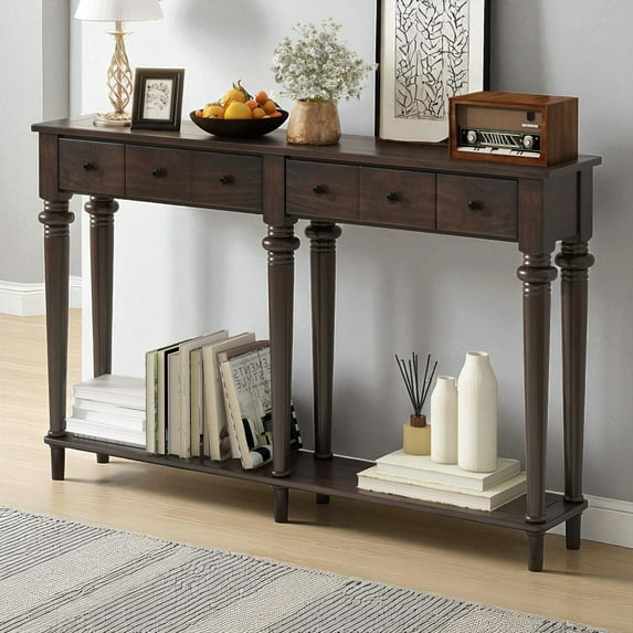 GZXS 59.8" Vintage Entryway Console Table with 4 Drawers & Bottom Shelf, Rustic Wood Accent Sofa Table for Living Room, Hallway, or Foyer (Espresso)
