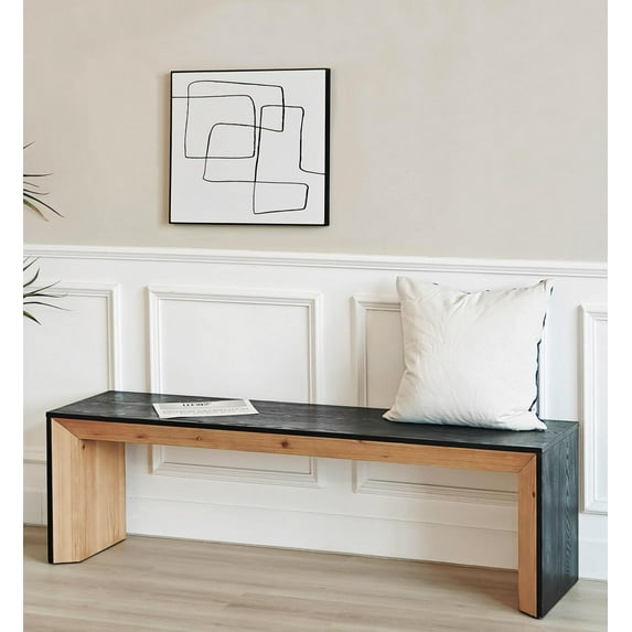 GZXS 59" Contemporary Wood Bench, 2-Person Dining Room Seat, Bedroom Bed Bench, Entryway Shoe Bench for Living Room, Easy to Assemble, Black+Natural