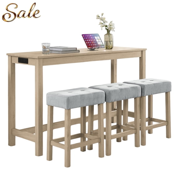 GZXS 59" Counter Height Bar Table Set with Built-In Power Outlet, Solid Wood Legs, 3 Linen Upholstered Stools, Farmhouse Industrial 4-Piece Dining Set in Light Oak Finish