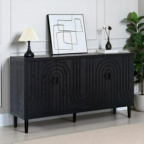 GZXS 59-Inch Modern Sideboard with 4 Doors, Nailhead Detailing, Adjustable Shelf and Solid Wood Legs, Accent Storage Buffet Cabinet for Home Organizer, Black