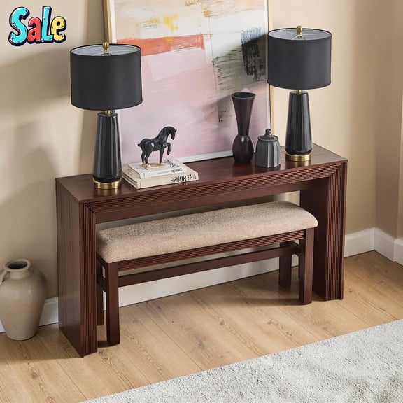 GZXS 59"Long Pub Table Set with Bench, Counter Height Wooden Table Set for 2, MDF & Solid Pine Construction, Narrow Space-Saving Dining Set for Kitchen, Apartment, Breakfast Nook (Walnut)