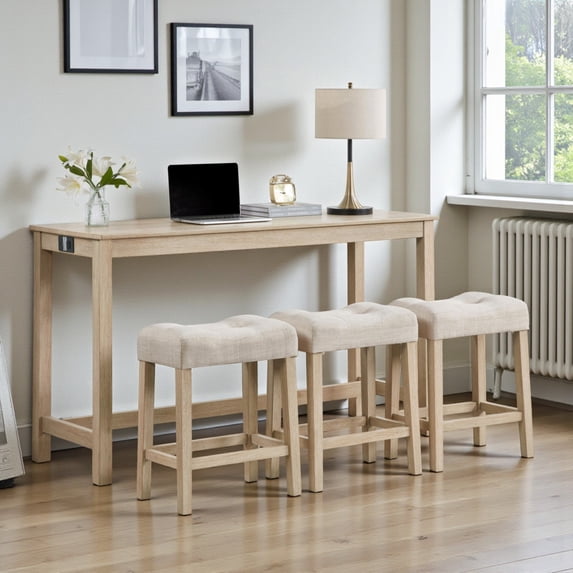 GZXS 59" Long Sofa Table with Power Outlet & 3 Stools, 4-Piece Farmhouse Bar Height Table Set with USB/Type-C Ports, Versatile Console Table & Dining Set for Living Room & Kitchen (Light Oak)