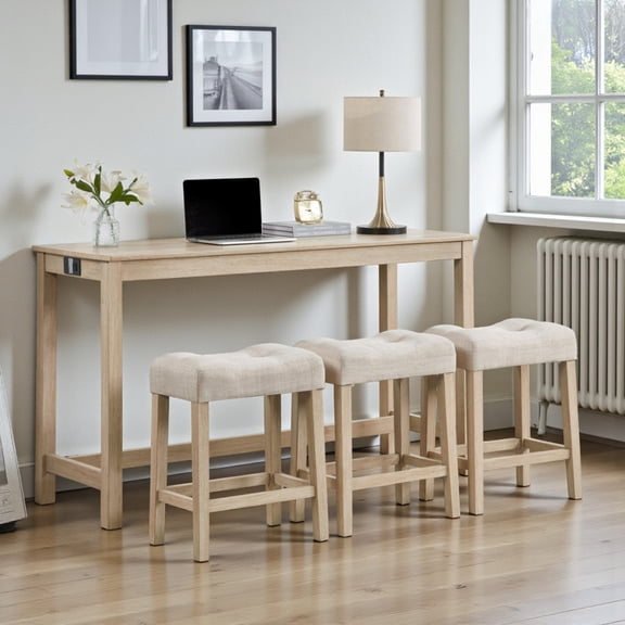 GZXS 59" Long Sofa Table with Power Outlet & 3 Stools, 4-Piece Farmhouse Bar Height Table Set with USB/Type-C Ports, Versatile Console Table & Dining Set for Living Room & Kitchen (Light Oak)