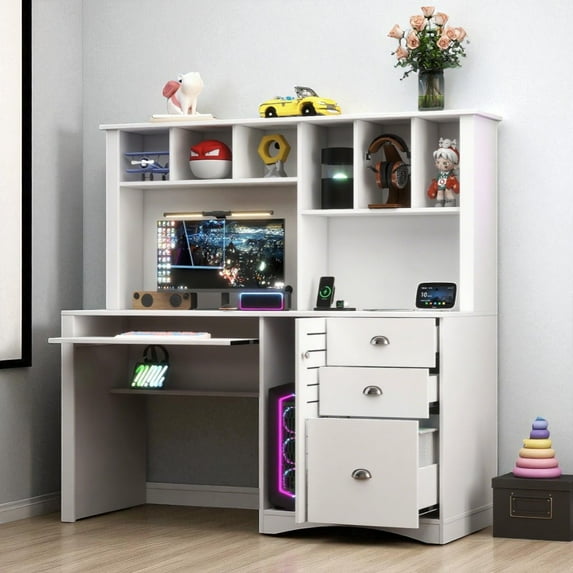 GZXS 59" Modern Computer Desk with Hutch, Keyboard Tray and Storage Cabinet, White Writing Workstation with 3 Drawers and Open Shelves, for Home Office, Living Room, Bedroom