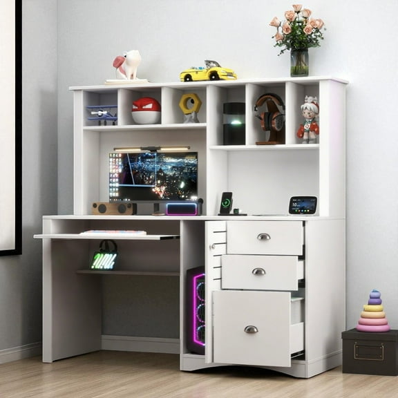 GZXS 59" Modern Computer Desk with Hutch, Keyboard Tray and Storage Cabinet, White Writing Workstation with 3 Drawers and Open Shelves, for Home Office, Living Room, Bedroom