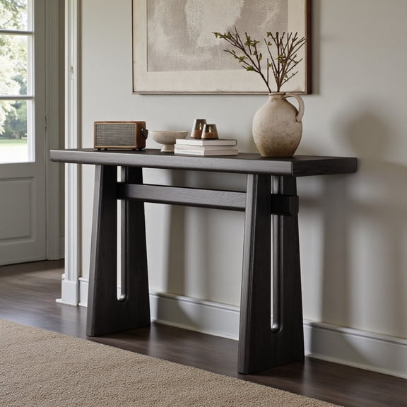 GZXS 59" Modern Entryway Console Table, Geometric Rectangular Accent Sofa Table with Rounded Corners, for Hallway, Living Room (Black)