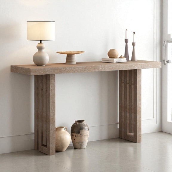 GZXS 59" Modern Entryway Console Table with Accent Sculpted Side Panels, for Hallway, Foyer, or Living Room – Natural Wood Finish